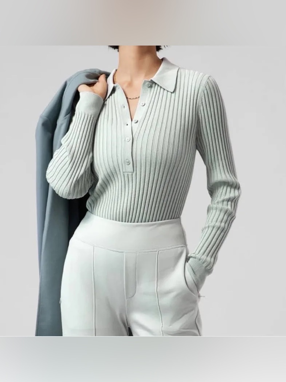 Athleta Sweet Bay Henley Ribbed Collared Sweater in Coast Gray Sage
